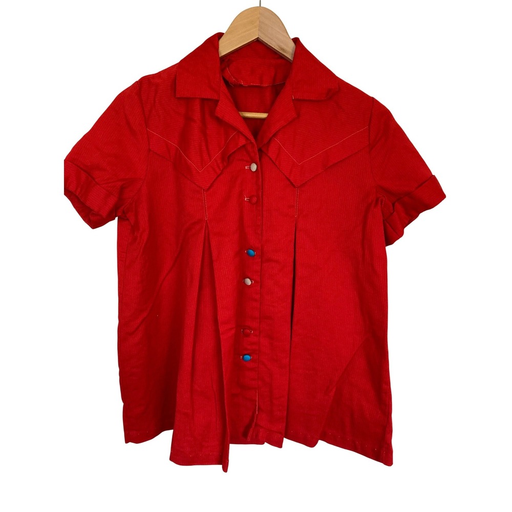 Vintage Red Handmade Short Sleeve Button Up‎ Shirt Pleated Front Size M